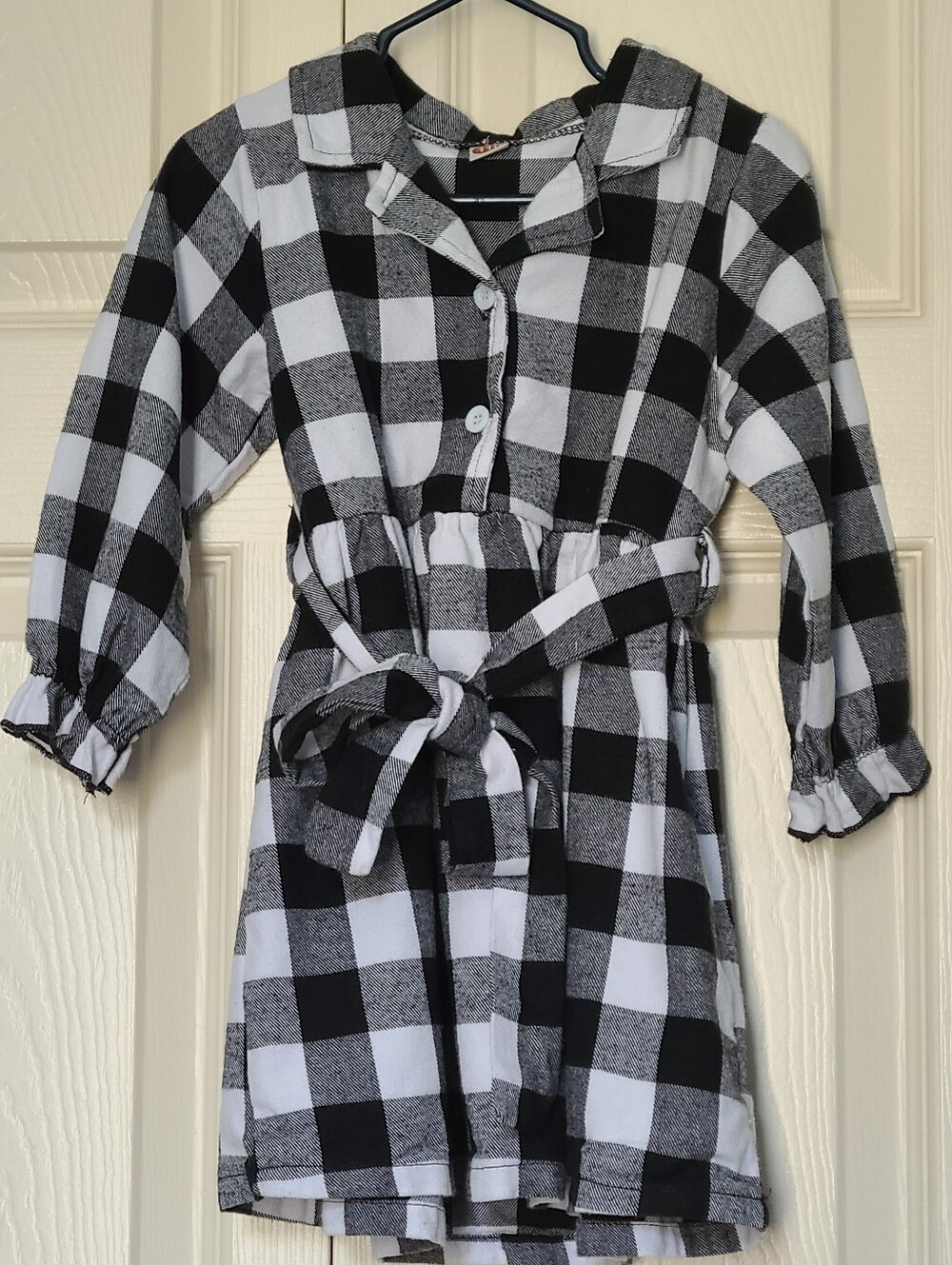 Boutique Buffalo Plaid Shirt Dress Black White Belted 100% Cotton Sz 110 (4T/5T)